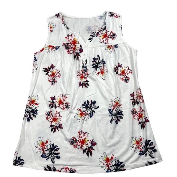 Women's Medium White Floral Sleeveless Blouse Flowy Tank Flare V Neck Button Top - Picture 1 of 6